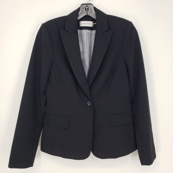 Calvin Klein One Button Blazer Jacket 2 Pockets Stretch Career Work Suit Black - Picture 1 of 9